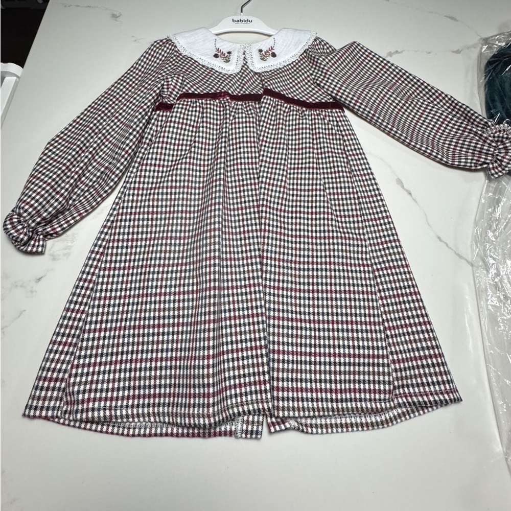 Babidu Burgundy & White Check Long-Sleeve Girls Dress